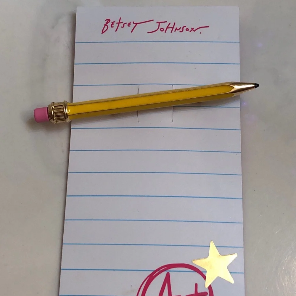 Betsey Johnson Gold Tone & Yellow Enamel & Pencil Rubber Eraser Brooch Pin NWT